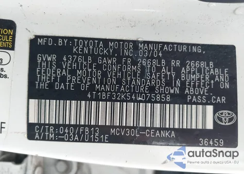 2004 Toyota Camry Le V6 из США, поврежденный, VIN 4T1BF32K54U075858